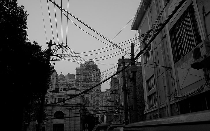 gri tonlamalı fotoğraf binalar, Shanghai, cityscape, şehir, tek renkli, gri, bulutlu, HD masaüstü duvar kağıdı