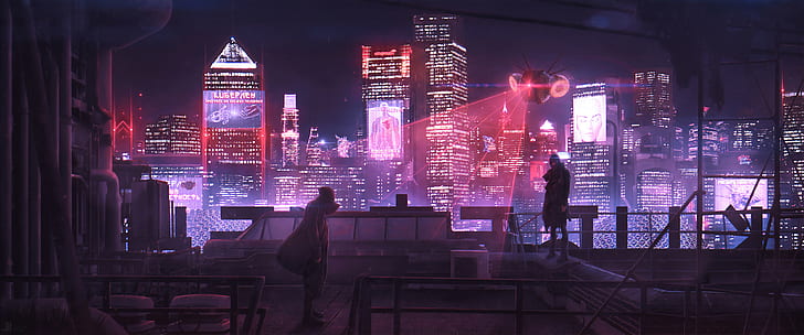 Ficção científica, Cyberpunk, cidade, futurista, pessoas, arranha céu, HD papel de parede