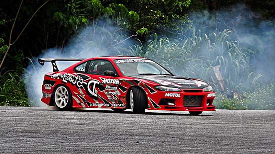 red Nissan coupe, sport, tuning, smoke, skid, cars, drift, Nissan, silvia, auto wallpapers, car Wallpaper, auto photo, s15, drifting, HD wallpaper HD wallpaper
