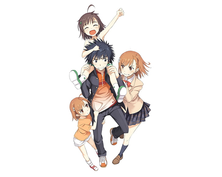 Ilustración de personajes de anime masculinos y tres femeninos, Touma Kamijou, Misaka Mikoto, Last Order, To aru Majutsu no Index, Fondo de pantalla HD