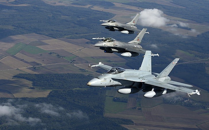 McDonnell Douglas F / A-18 Hornet, General Dynamics F-16 Fighting Falcon, военный самолет, самолет, HD обои