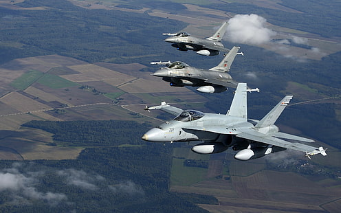 McDonnell Douglas F / A-18 Hornet, General Dynamics F-16 Fighting Falcon, военен самолет, самолет, HD тапет HD wallpaper