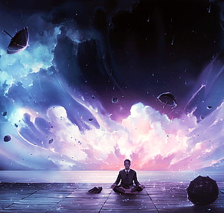 meditando illustrazione dell'uomo, meditazione, calma, armonia, arte, uomo, pioggia, eureka, Sfondo HD HD wallpaper