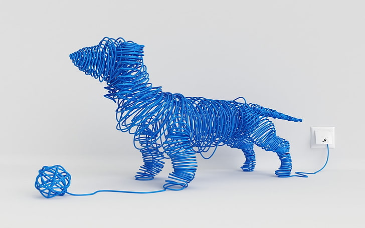 animais, minimalismo, cão, azul, fios, eletricidade, fundo branco, imaginação, bola, HD papel de parede