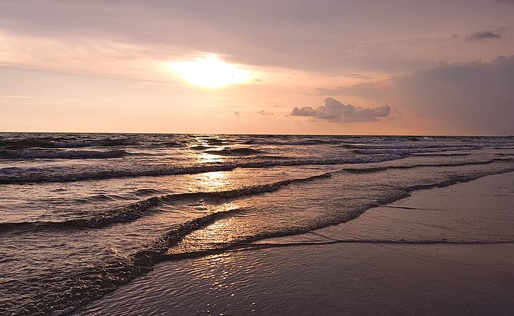 sand, sea, wave, beach, summer, the sky, sunset, shore, seascape, romantic, HD wallpaper