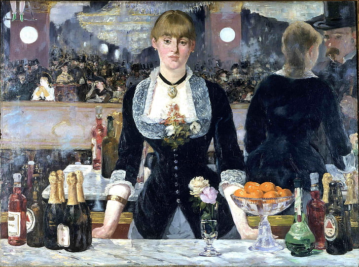 donna di fronte al tavolo con bottiglie e bicchieri dipinto, Édouard Manet, dipinto, Sfondo HD