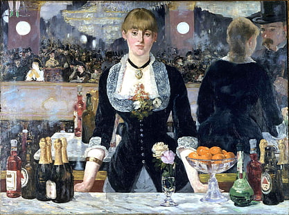 Женщина перед столом с росписью бутылок и стаканов, Эдуард Мане, рисует, HD обои HD wallpaper
