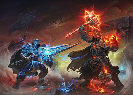 Fondo de pantalla digital de dos personajes del juego, espada, martillo, guerrero, armadura, World of Warcraft, Warcraft, wow, alianza, horda, Fondo de pantalla HD HD wallpaper