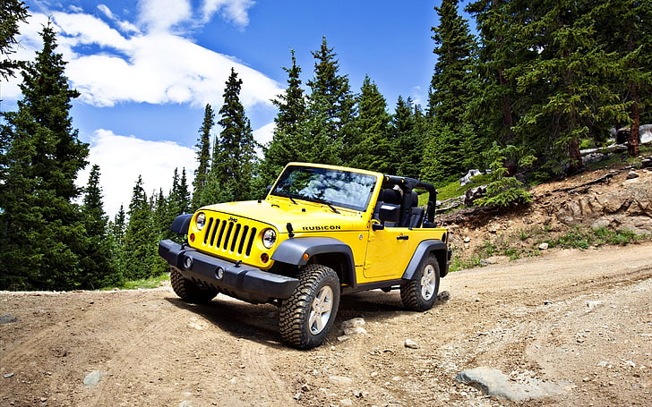 adventure, forest, jeep, offroad, rubicon, wrangler, yellow, HD wallpaper