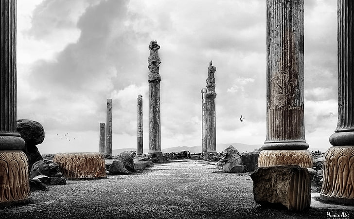 Persepolis HD Wallpaper, poteau en béton gris, noir et blanc, ruines, antique, histoire, persepolis, persans, Fond d'écran HD