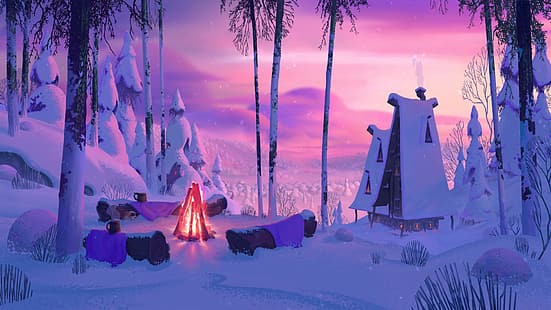  Gavin O'Donnell, digital art, snow, campfire, cabin, forest, mug, HD wallpaper HD wallpaper