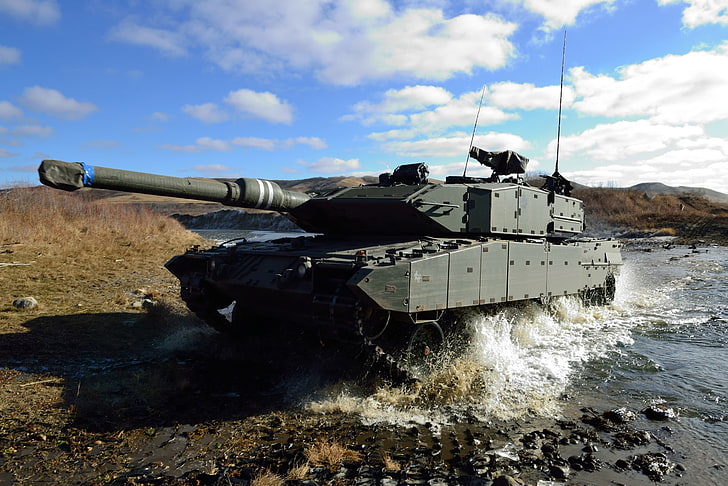 gray battle tank, the sky, squirt, river, tank, combat, Leopard 2А6, 