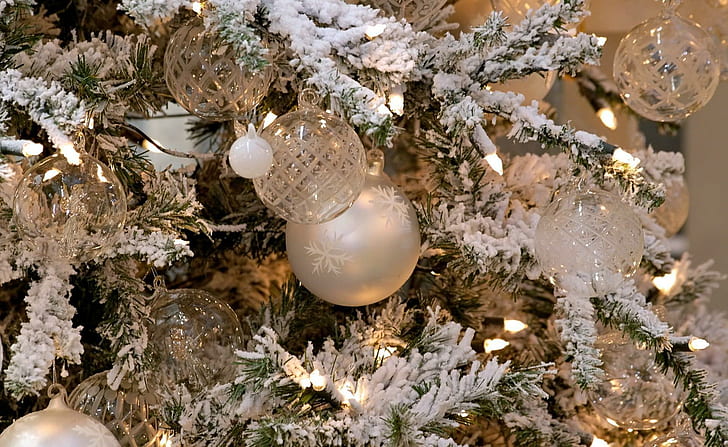 new year, christmas, tree, toys, garland, snow, green and white christmas tree with bauble, new year, christmas, tree, toys, garland, snow, HD wallpaper