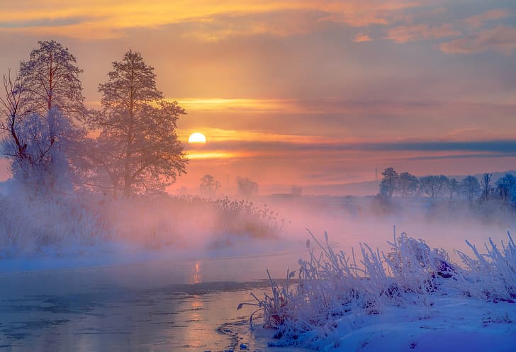 winter, snow, trees, fog, river, sunrise, dawn, morning, Poland, frost, River Gwda, Река Гвда, HD wallpaper