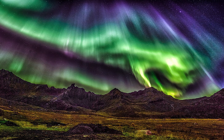 aurora lights, nature, landscape, aurorae, mountains, sky, starry night, lights, Norway, HD wallpaper