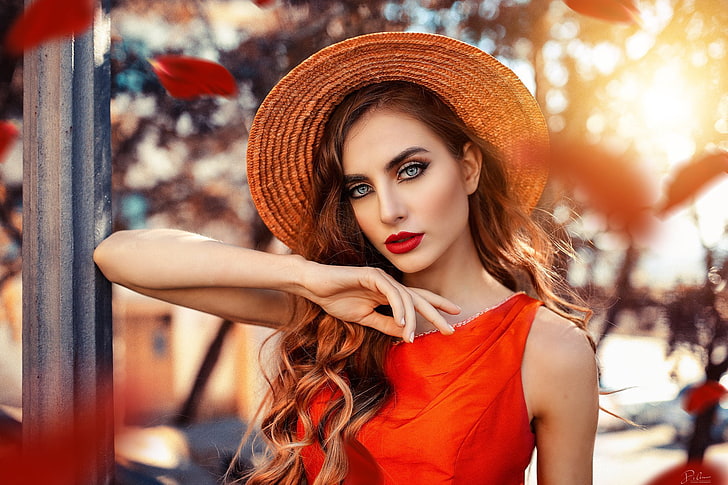 red, makeup, red lipstick, face, women, Alessandro Di Cicco, hat, long hair, HD wallpaper