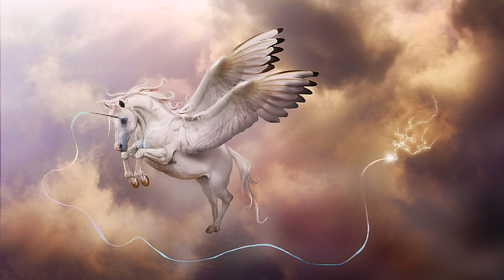 белый рогатый пегас, гроза, облака, магия, молния, крылья, арт, единорог, пегас, в небе, рог, HD обои