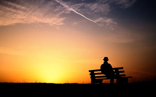 sagoma di un uomo seduto su una panchina, panchina, tramonto, persone, solitudine, Sfondo HD HD wallpaper
