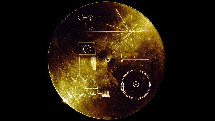 décor rond doré, disques, or, espace, Voyager Golden Record, son de la terre, Fond d'écran HD