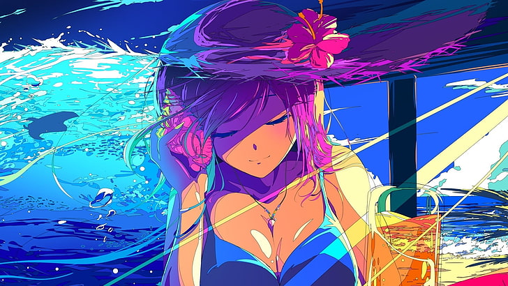 wallpaper karakter anime wanita berambut ungu, anime, manga, anime girls, minimalis, pantai, musim panas, rambut merah muda, biru, laut, baju renang biru, bir, Wallpaper HD