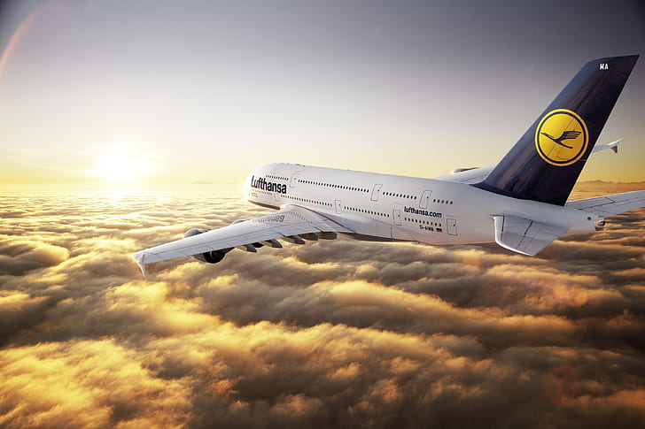 غروب الشمس ، الشمس ، السماء ، الغيوم ، الطائرة ، الأفق ، الخطوط الملاحية المنتظمة ، الطيران ، الأشعة ، الارتفاع ، A380 ، لوفتهانزا ، الراكب ، إيرباص، خلفية HD