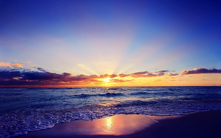 美しい夕日、太陽、海、波、ビーチ、雲、ビーチの日の出、美しい、夕日、太陽、海、波、ビーチ、雲、 HDデスクトップの壁紙