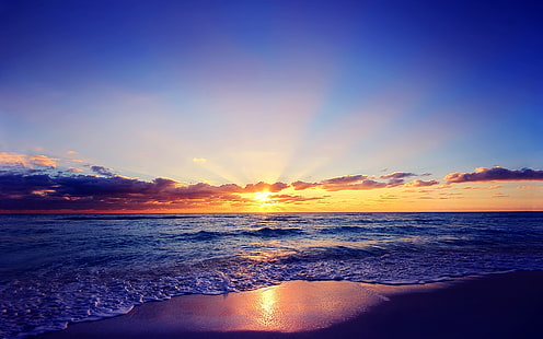 Hermosa puesta de sol, sol, mar, olas, playa, nubes, amanecer en la playa, Hermosa, puesta de sol, sol, mar, olas, playa, nubes, Fondo de pantalla HD HD wallpaper
