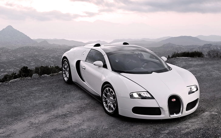 white Bugatti Veyron coupe, bugatti, veyron, cars, sport cars, white, hood, lights, suite, HD wallpaper