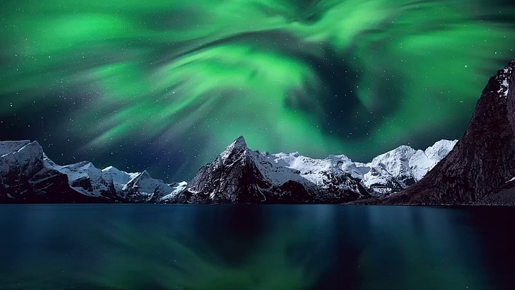 Northern lights mountains snow-Widescreen Wallpape.., HD wallpaper
