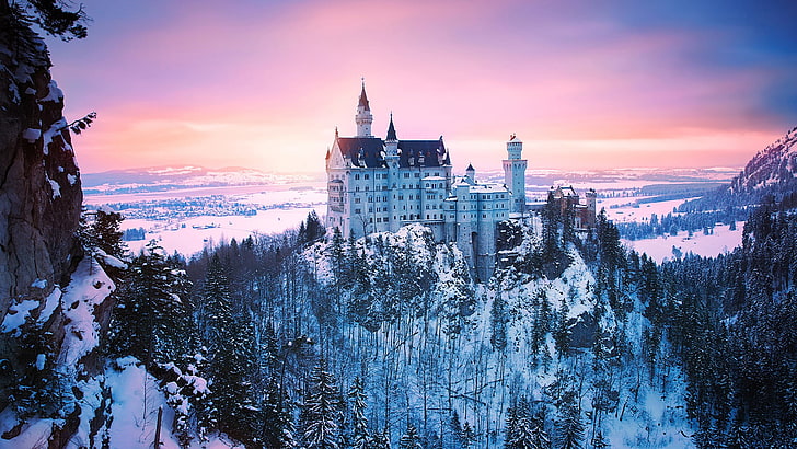 Castello di Neuschwanstein, natura, foresta, montagne, castello di Neuschwanstein, castello, Germania, Baviera, Sfondo HD
