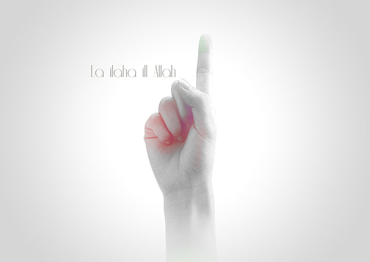 La Ilaha Ill Allah, person's right hand with text overlay, God, Lord Allah, white, finger, hand, allah, lord, background, HD wallpaper