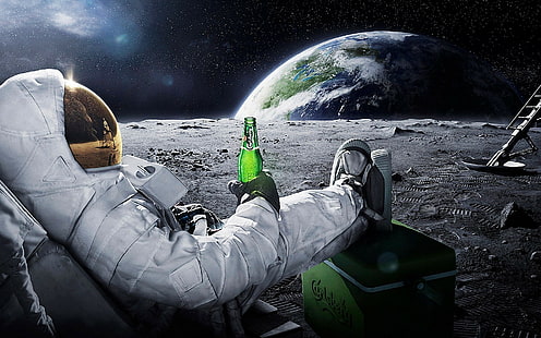 Earth, alcohol, Carlsberg, beer, advertisements, astronaut, stars, space, relaxation, planet, Moon, HD wallpaper HD wallpaper