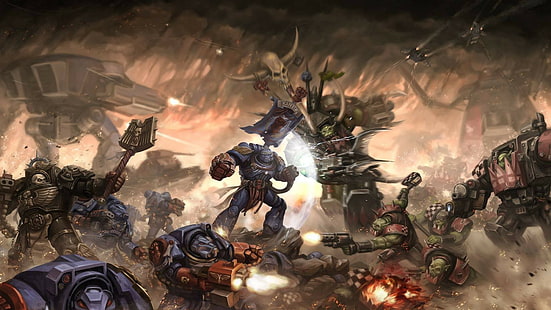 Warhammer 40, 000, mech, ork, battle, space marines, HD wallpaper HD wallpaper