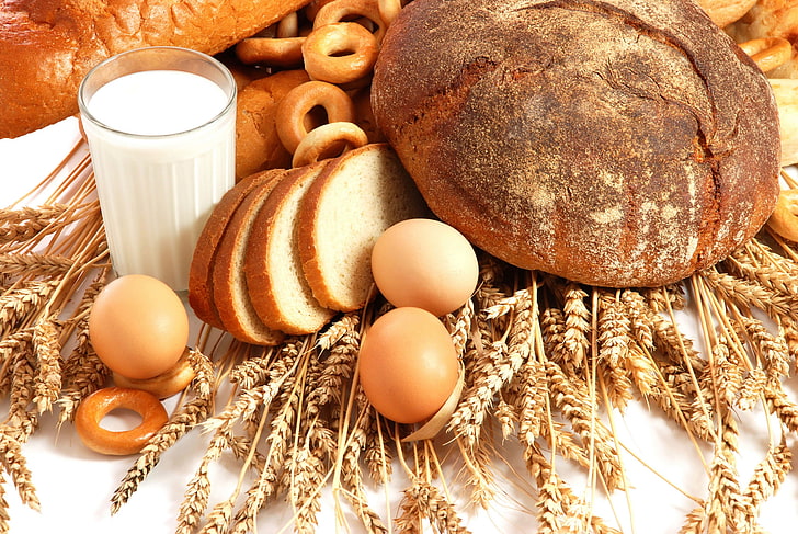 breads and glass of milk, food, eggs, milk, bread, ears, drying, chicken, wallpaper., the, wheat, the bread around the head, fresh, humanity, ancient, HD wallpaper
