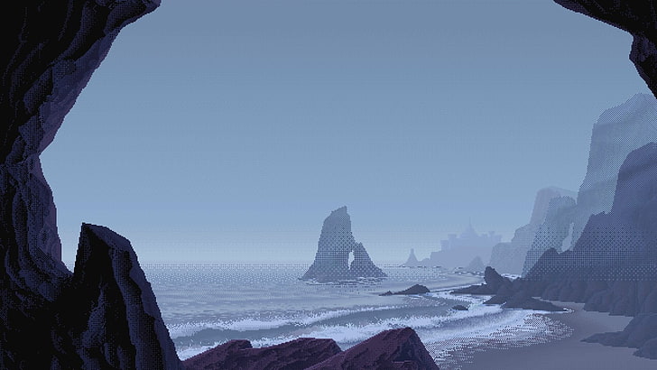 illustration de pile de mer noire, pixel art, mer, plage, roches, art numérique, pixels, bleu, Fond d'écran HD