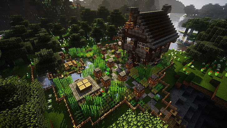 Minecraft, oak trees, house, forest, video games, farm, grass, water, HD wallpaper