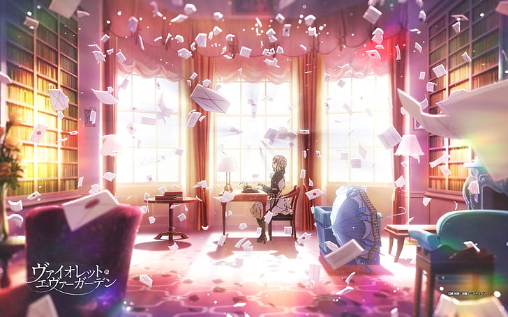 mesa, livros, cadeira, guarda-chuva, janela, máquina de escrever, biblioteca, raios de luz, a empregada, no quarto, arte, cartas, envelopes, Evergarden violeta, Akiko Takase, HD papel de parede