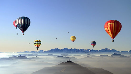 baloon, sky, pink, yellow, mountains, hills, red, hot air balloon, HD wallpaper HD wallpaper