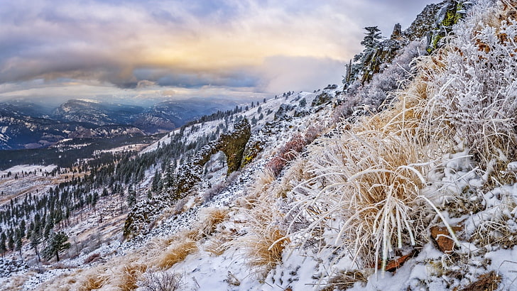 edificio de hormigón blanco y marrón, invierno, nieve, naturaleza, paisaje, Fondo de pantalla HD