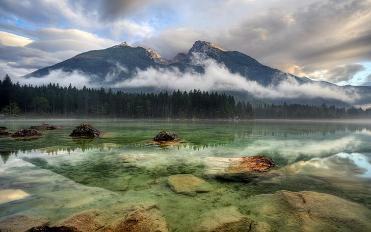 пейзаж, природа, езеро, планини, гора, Германия, облаци, мъгла, вода, отражение, HD тапет