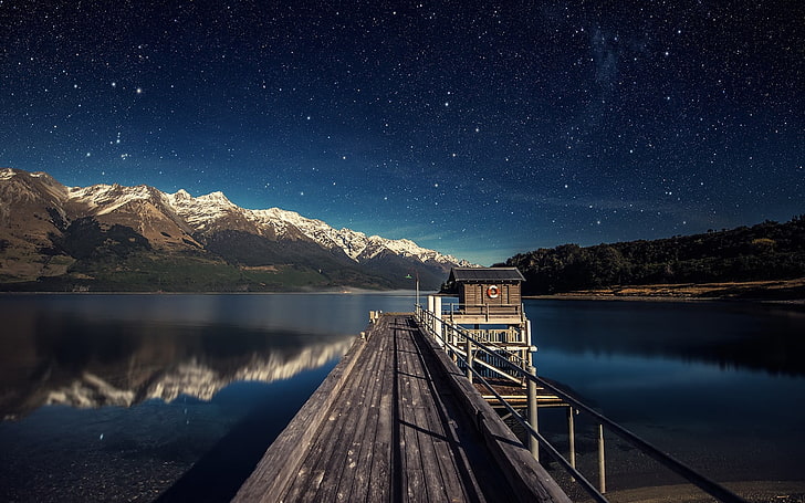 gray wooden dock, moonlight, lake, HD wallpaper