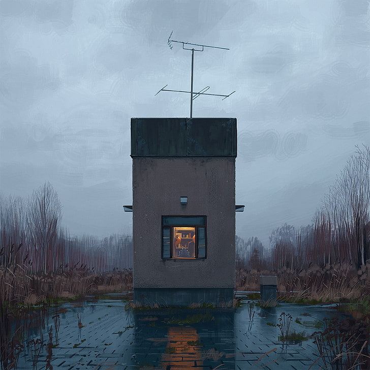 czarno-szary betonowy budynek, Simon Stålenhag, grafika, Tapety HD