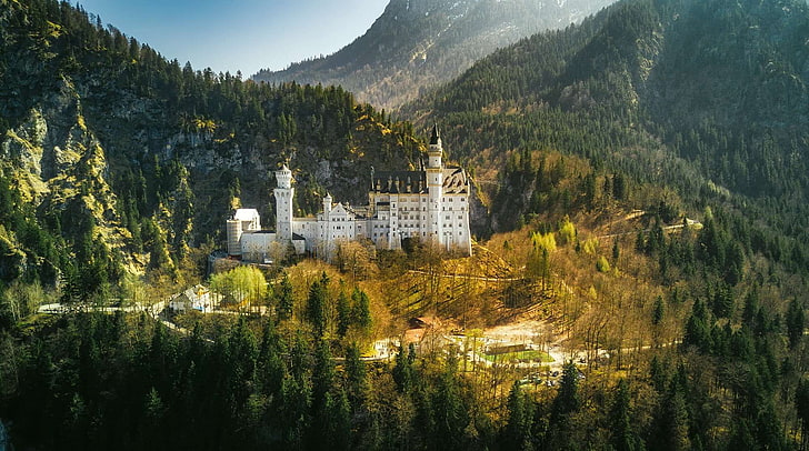 architecture, attraction, bavaria, famous, forest, germany, historic, landmark, mountain, neuschwanstein castle, palace, schwangau, tourism, HD wallpaper