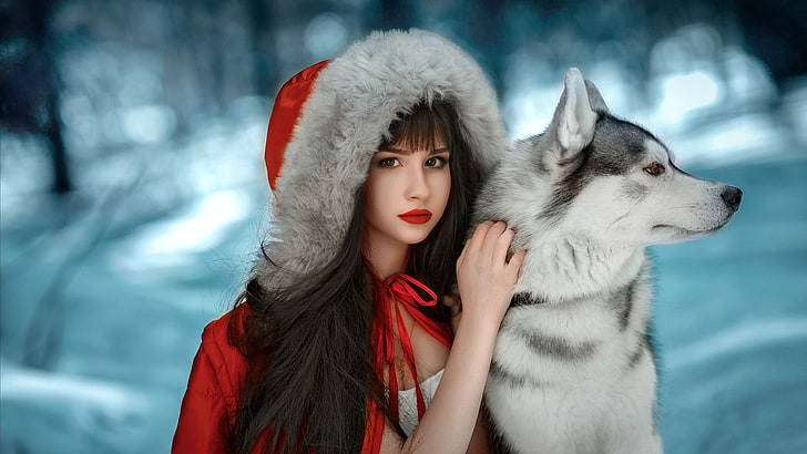 women, hoods, depth of field, red lipstick, portrait, Siberian Husky, dog, animals, red coat, black hair, Little Red Riding Hood, HD wallpaper
