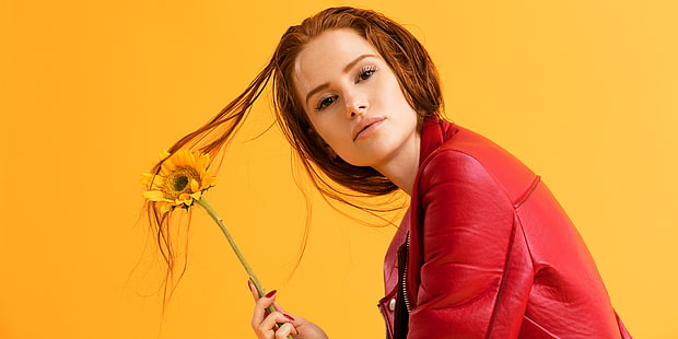 woman holding yellow sunflower, Madelaine Petsch, Riverdale, Photoshoot, 5K, HD wallpaper HD wallpaper