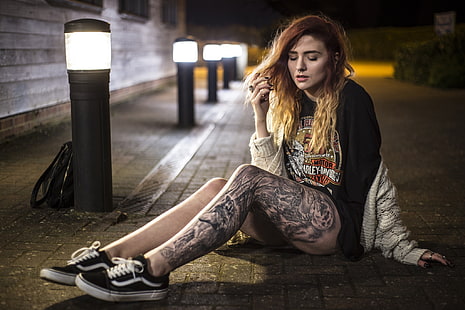 крака, седнал, татуировка, жени, модел, HD тапет HD wallpaper