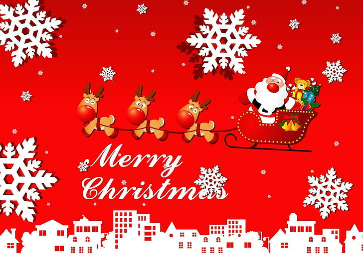 santa claus, sleigh, presents, reindeer, snowflakes, city, christmas, santa claus, sleigh, presents, reindeer, snowflakes, city, christmas, HD wallpaper