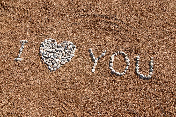 sand, beach, summer, pebbles, stones, love, I love you, romantic, HD wallpaper