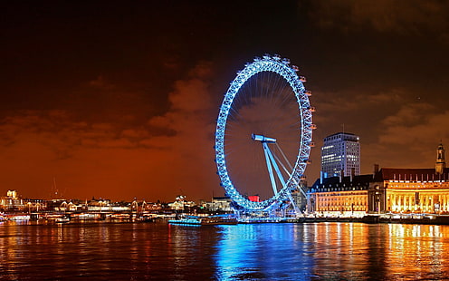 Londyn Diabelski młyn Nocny krajobraz HD tapety, London Eye, Anglia, Tapety HD HD wallpaper