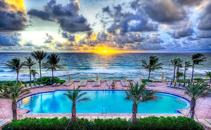 Pool Party, Florida, palm trees, United States, Florida, Sunrise, Travel, Wave, Pool, America, hdr, pool party, HD wallpaper